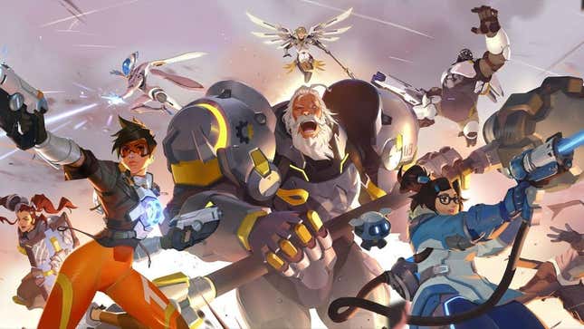 Key art for Overwatch 2 shows Tracer and others charging into battle. 