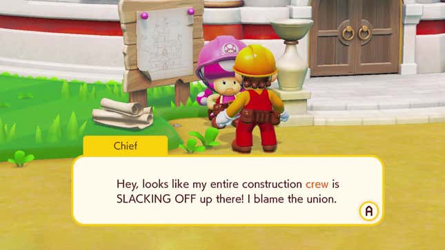 Toadette complains about union workers to Mario.