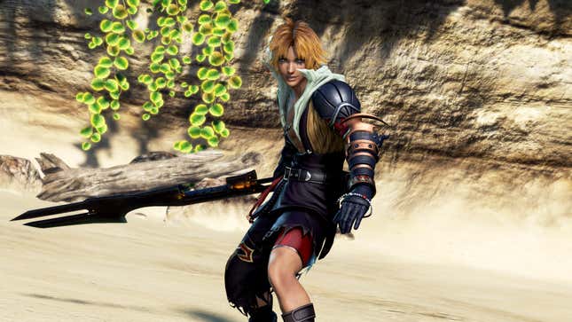 Tidus is shown with his sword drawn on a beach.