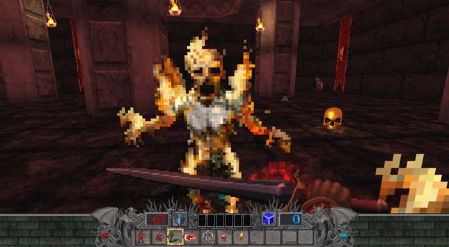 A flaming skeleton attacks as I wield a sword in Hands Of Necromancy.