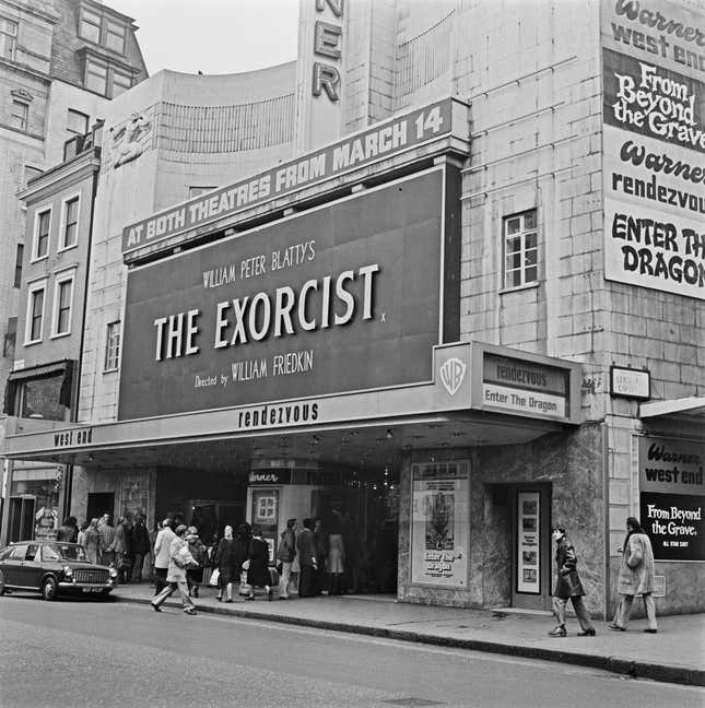 The horror film 'The Exorcist' showing at the Warner Rendezvous cinema in the West End of London, UK, 14th March 1974.
