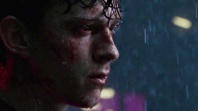 Tom Holland as Peter Parker in Spider-Man: No Way Home, drenched in rain. 