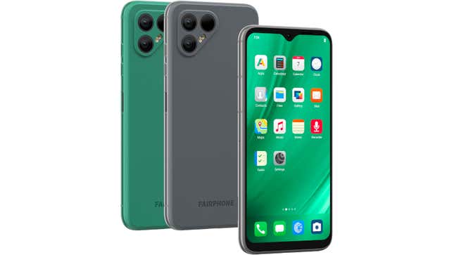 The front and back of the Murena Fairphone 4 in its black and green finish.