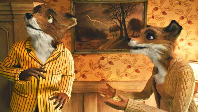 Two animated foxes in Wes Anderson's adaptation of Roald Dahl's Fantastic Mr. Fox.