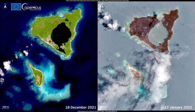 El impacto de la erupción en Tonga se puede ver en la isla de Nomuka cuando se comparan antes y después de las imágenes de satélite