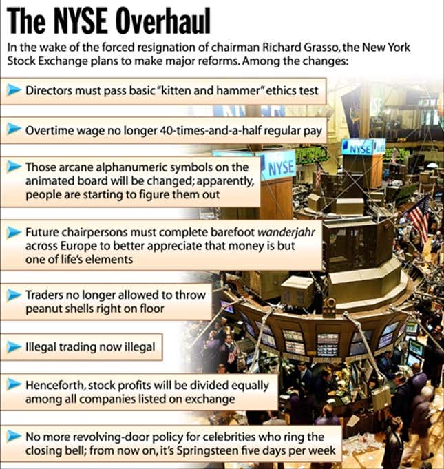 In the wake of the forced resignation of chairman Richard Grasso, the New York Stock Exchange plans to make major reforms. Among the changes: