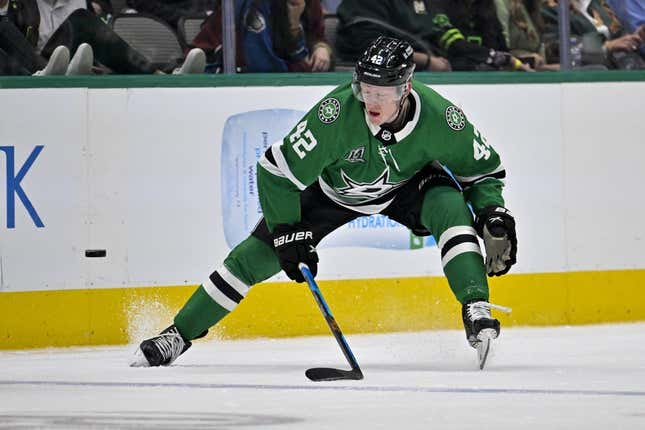 Mar 4, 2023; Dallas, Texas, USA; Dallas Stars left wing Fredrik Olofsson (42) in action during the game between the Dallas Stars and the Colorado Avalanche at the American Airlines Center.