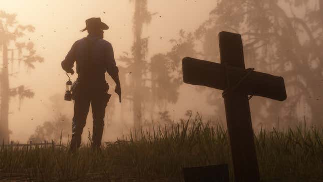 A lone cowboy wanders a graveyard during sunset. 