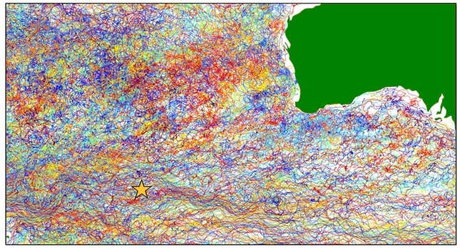 The map shows the movement of all the buoys ever deployed in this region of the ocean. The star marks the location of the objects identified on Australian satellite images.