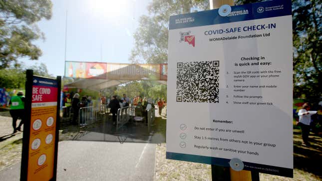 Patrons use the Covid safe QR codes before entering WOMADelaide 2021 on March 05, 2021 in Adelaide, Australia. 