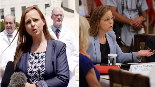 Jenny Beth Martin, co-founder of the Tea Party Patriots lobby group, speaking at a press conference for ‘America’s Frontline Doctors’ on July 27, 2020 (left) and Martin speaking at a White House roundtable with President Trump on July 7, 2020 (right)