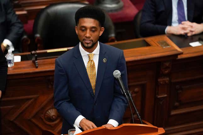 Baltimore Mayor Brandon Scott delivers his State of the City address, Tuesday, April 5, 2022, in Baltimore.