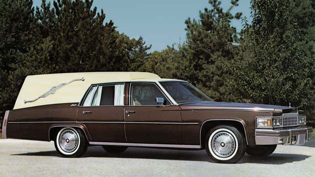 A brown Cadillac hearse from the 1970s 