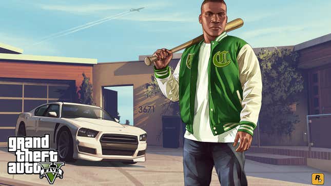 Franklin holds a baseball bat while standing in front of an expensive car, while a plane lands overhead.