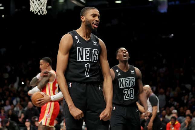 Mar 31, 2023; Brooklyn, New York, USA; Brooklyn Nets forward Mikal Bridges (1) reacts after a basket against the Atlanta Hawks during the fourth quarter at Barclays Center.