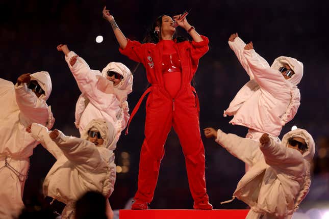 Rihanna performs onstage during the Apple Music Super Bowl LVII Halftime Show at State Farm Stadium on February 12, 2023. 