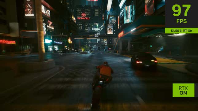A player on a motorcycle shows off high-speed action at 97 frames per second with the RTX setting on.