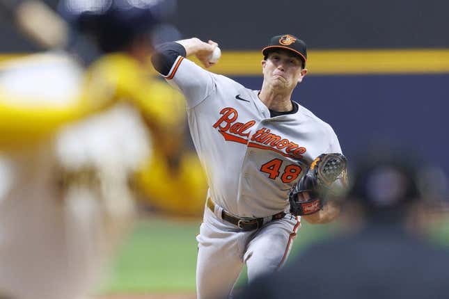 Jun 6, 2023; Milwaukee, Wisconsin, USA;  Baltimore Orioles pitcher Kyle Gibson (48) throws a pitch during the first inning against the Milwaukee Brewers at American Family Field.