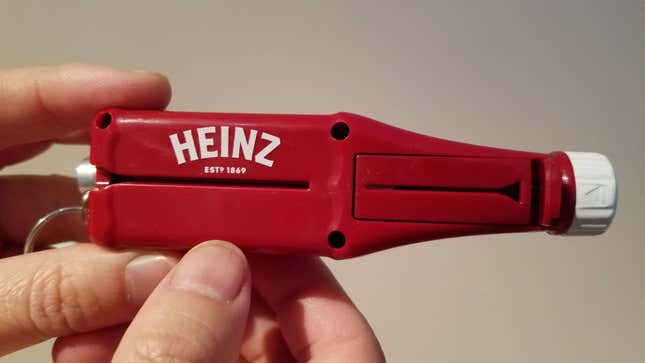 The Heinz Packet Roller, shaped like a miniature bottle of Heinz Ketchup