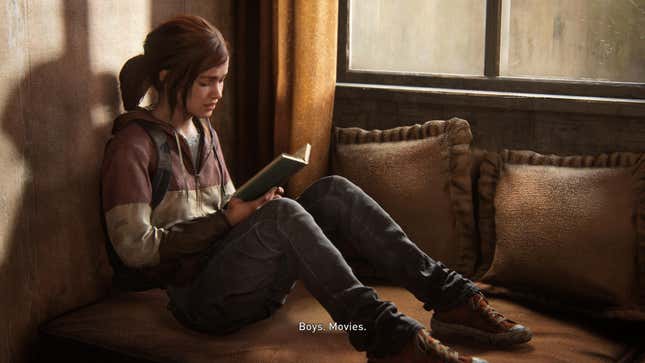 Ellie sits reading a book in a scene from the game The Last of Us.