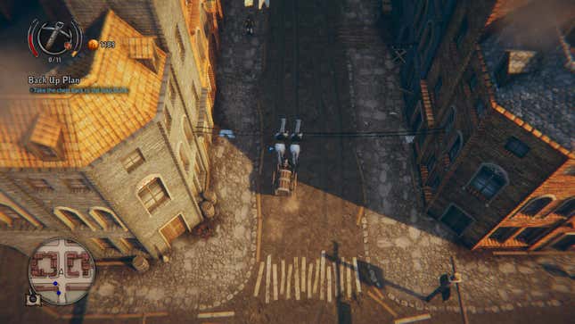 Screenshot of Rustler showing the player riding in a wagon in the streets of a city.