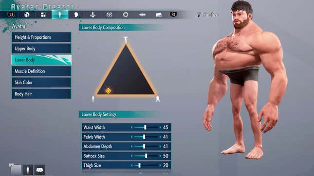 A screenshot from Street Fighter 6's character creator, with YouTuber Arekkz Gaming illustrating the just how absurd it can get.