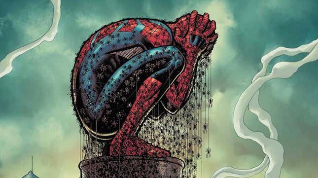 Spider-Man crouches in agony while covered in hundreds of spiders on a comic cover.