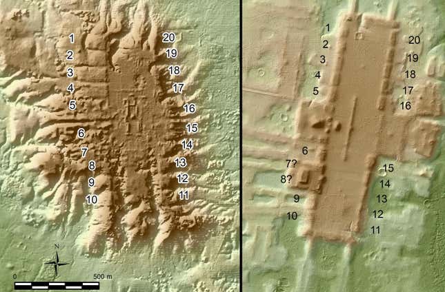 A lidar image of the sites of San Lorenzo (left) and Aguada Fénix (right) show striking similarities, with a long rectangular platform and 20 edge platforms.