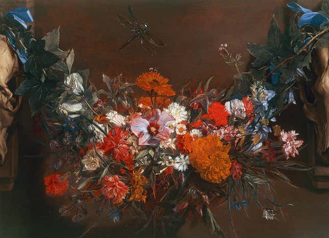 “Garland of Flowers, Suspended Between Two Animal Skulls, A Dragonfly Above”