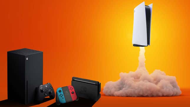 A PS5 flies up into the sky near two other consoles. 