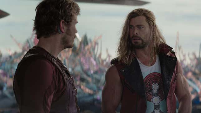 (from left) Chris Pratt as Star Lord and Chris Hemsworth as Thor in Thor: Love And Thunder.