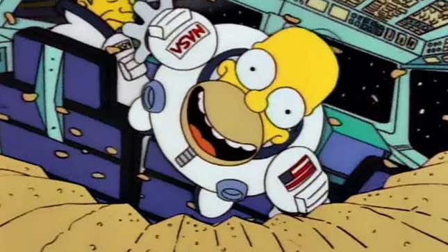 A screenshot of The Simpsons shows Homer eating chips in space. 