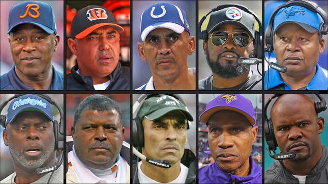 Top Row: Lovie Smith, Marvin Lewis, Tony Dungy, Mike Tomlin, Jim Caldwell Botttom Row: Anthony Lynn, Romeo Crennel, Herm Edwards, Leslie Frazier, Brian Flores.