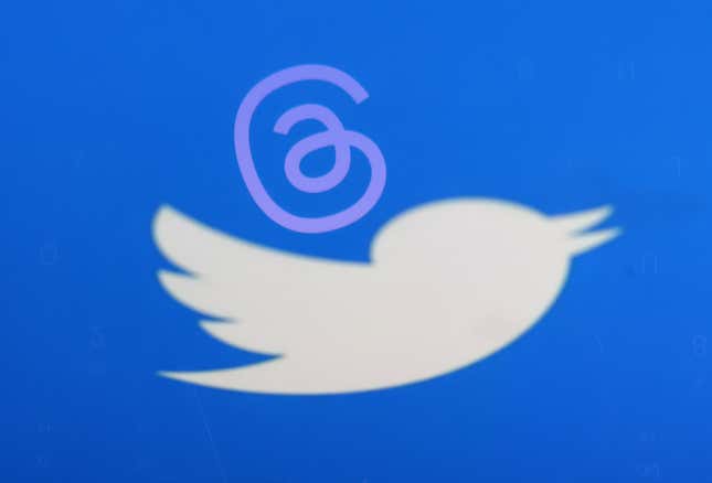 The Twitter and Threads logos next to one another on a blue background