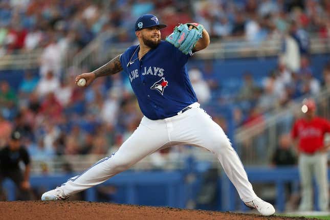 Mar 24, 2023; Dunedin, Florida, USA;  Toronto Blue Jays starting pitcher Alek Manoah (6) throws a pitch against the Philadelphia Phillies in the sixth inning during spring training at TD Ballpark.