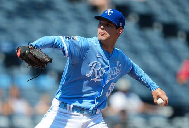 Sep 4, 2023; Kansas City, Missouri, USA; Kansas City Royals starting pitcher Cole Ragans (55) pitches during the first inning against the Chicago White Sox at Kauffman Stadium.