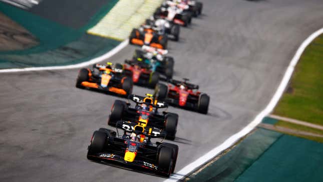 A photo of Formula 1 cars racing in Brazil. 