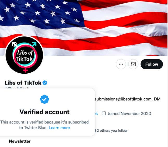 A screenshot of the Libs of TikTok page showing they have been verified as well.