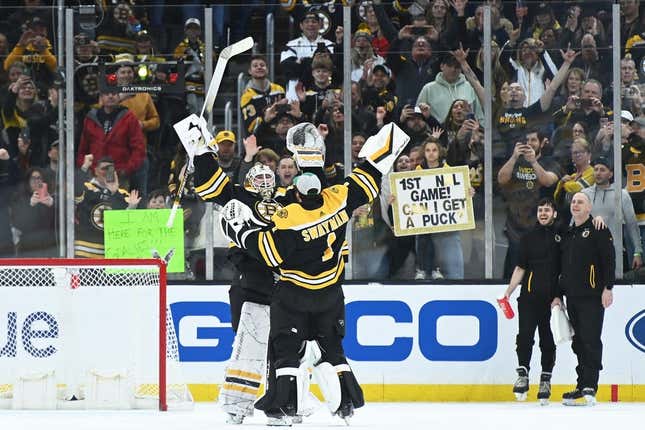 Mar 25, 2023; Boston, Massachusetts, USA; Boston Bruins goaltender Linus Ullmark (35) and goaltender Jeremy Swayman (1) celebrate after defeating the Tampa Bay Lightning at TD Garden.