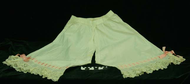 Woman’s batiste lace-trimmed drawers, circa 1896.