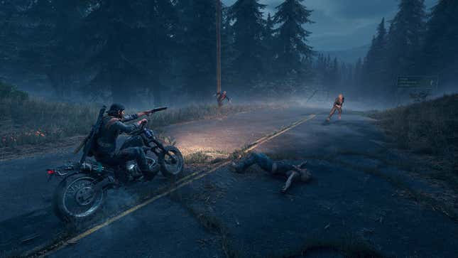 Deacon rides his motorcycle toward zombies while holding up a sawed-off shotgun on the abandoned roads of Washington state.