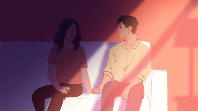 An illustration of a man and woman sitting on a couch. The man is sitting in a beam of light and looking at the woman, who is shrouded in shadow.