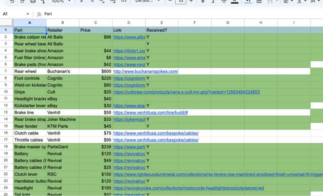 A spreadsheet with motorcycle parts listed