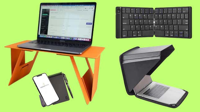 Amazon product images for a foldable lap desk, Rocket smart notebook, laptop sun shade, and a foldable tablet keyboard.