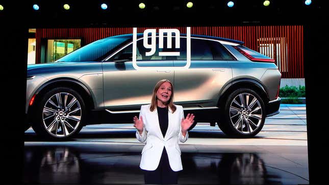 General Motors Chair and CEO Mary Barra is shown on screen as her recorded keynote address is delivered digitally at CES 2022 at The Venetian Las Vegas on January 5, 2022 in Las Vegas, Nevada.