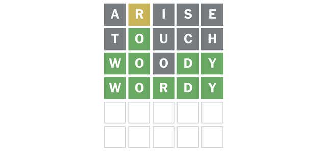 Wordle play. First word: ARISE, yellow R. Next TOUCH, green O. WOODY, all green except the second O. Last guess WORDY, all green.