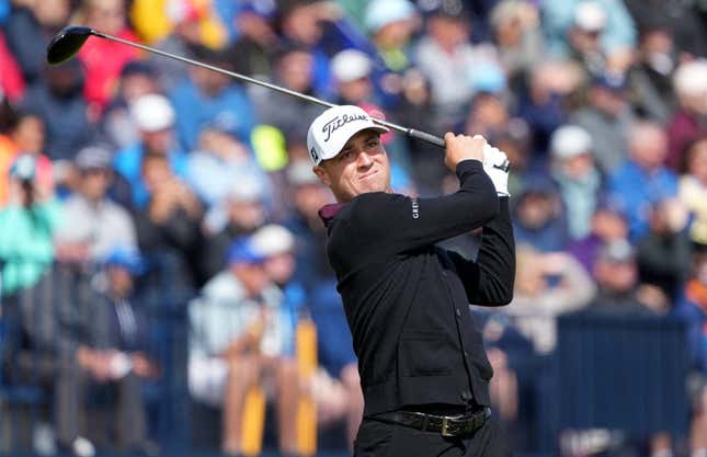 July 21, 2023; Hoylake, ENGLAND, GBR; Justin Thomas plays on the fourth hole during the second round of The Open Championship golf tournament at Royal Liverpool.