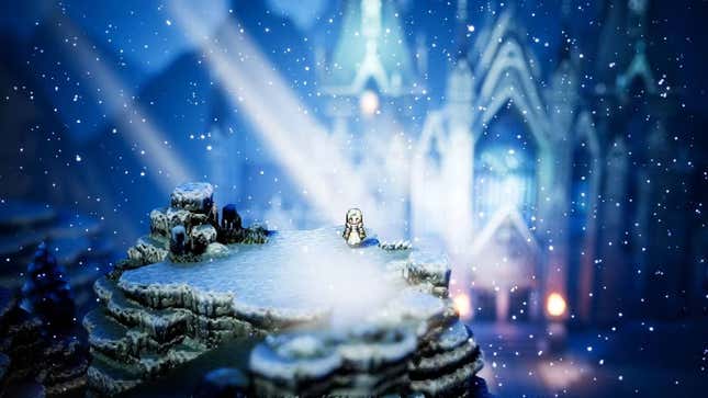 Ophilia stands on a snowy hill in front of the Flamesgrace Church