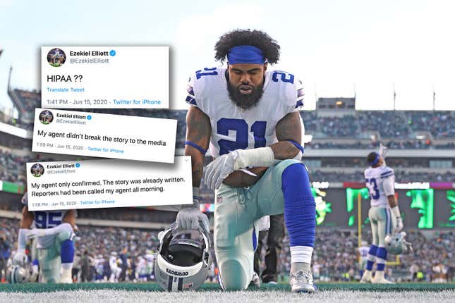 The Cowboys’ Ezekial Elliott wondered aloud why his private medical information wasn’t protected by HIPAA on Twitter. Image: Getty