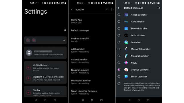 Three screenshots showing the app screen where to change your launcher